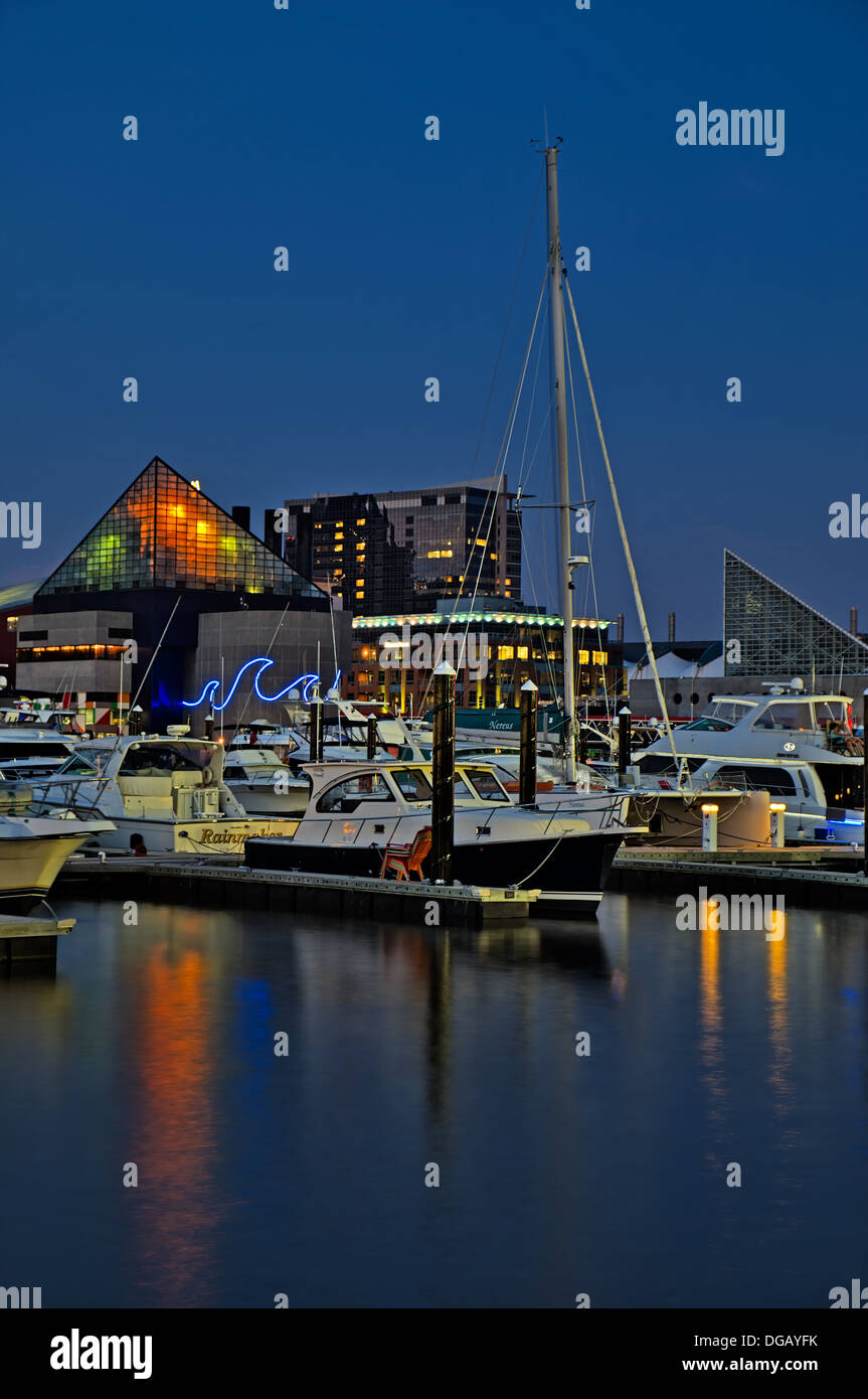 The Baltimore Inner Harbor during the blue hour at twilight. Stock Photo