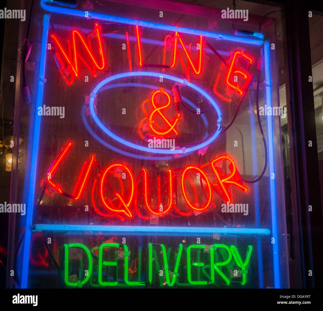 A liquor store's neon sign in the Tribeca neighborhood of New York