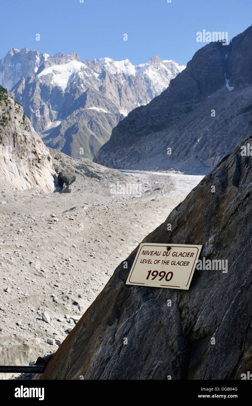 A sign showing the extent of glacial retreat recently - the Mer de Glace now far below the sign showing the level in 1990 Stock Photo