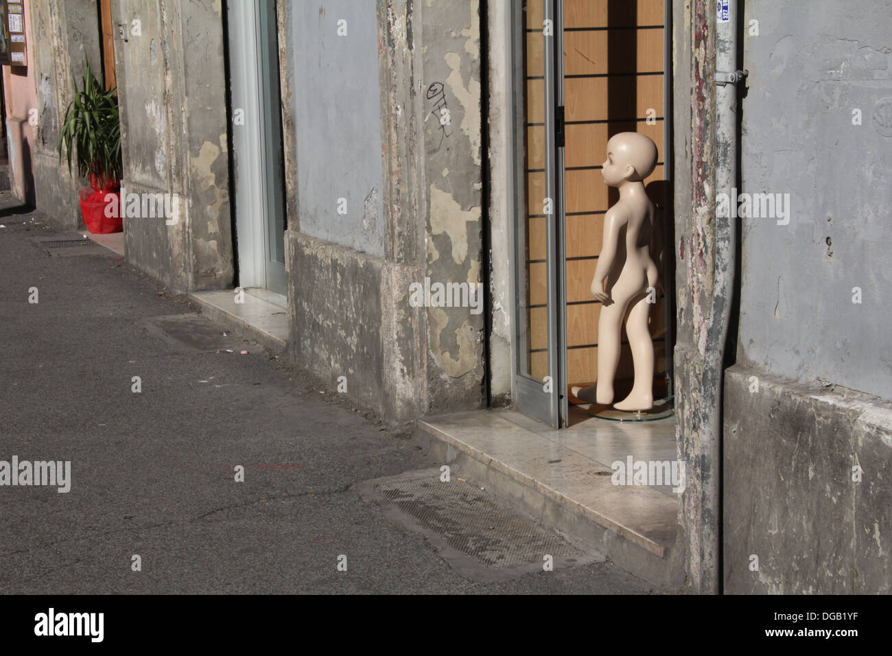 Baby Mannequin Doll In Shop Door In Rome Italy Nude Naked Boy