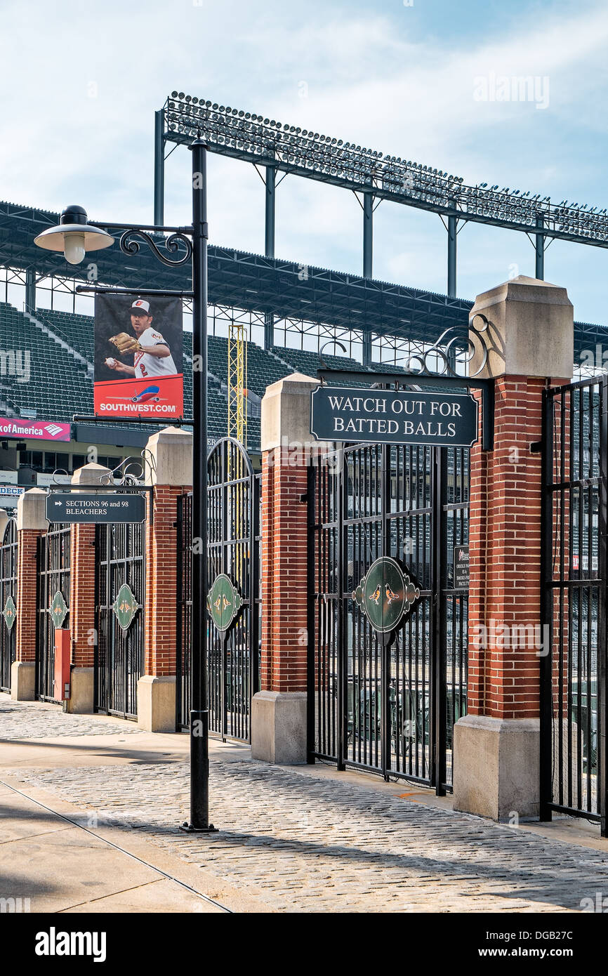 The rear side of Oriole Park Baseball Stadium at Camden Yards in Baltimore, Maryland. Home of the Baltimore Orioles. Stock Photo