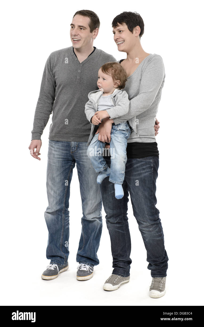 Young family with kid looking at an offer Stock Photo