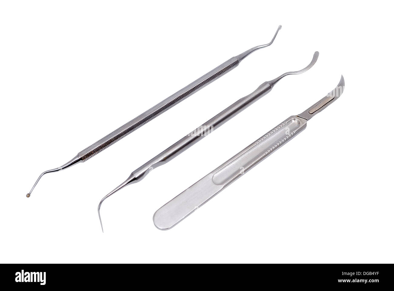 set of dental appliances a scalpel, plugger and excavators Stock Photo