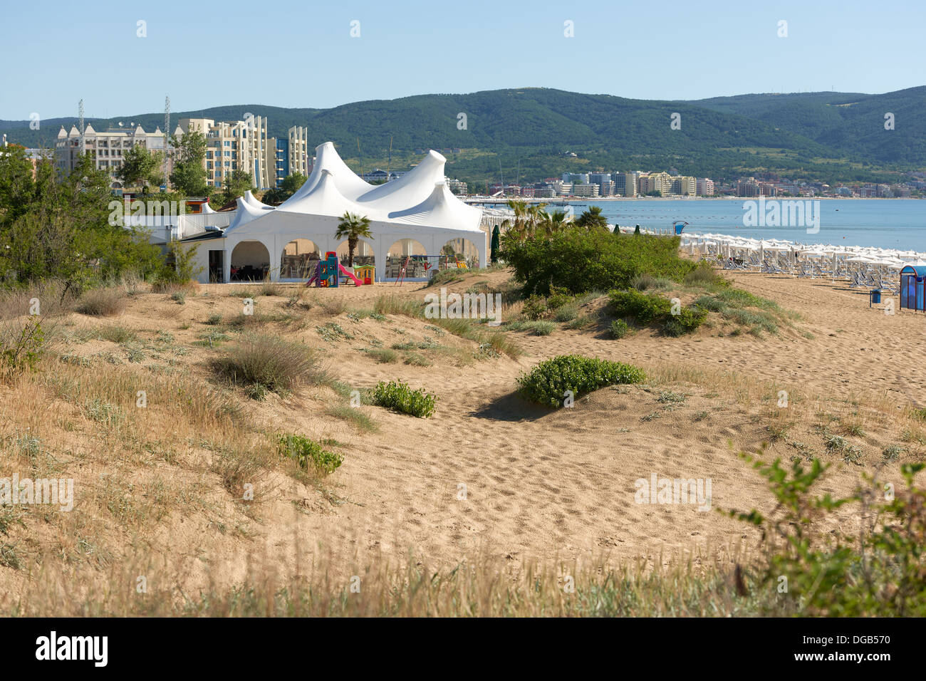 Overview on the largest holiday resort on Bulgarian Black sea shore, Sunny Beach, Bulgaria Stock Photo
