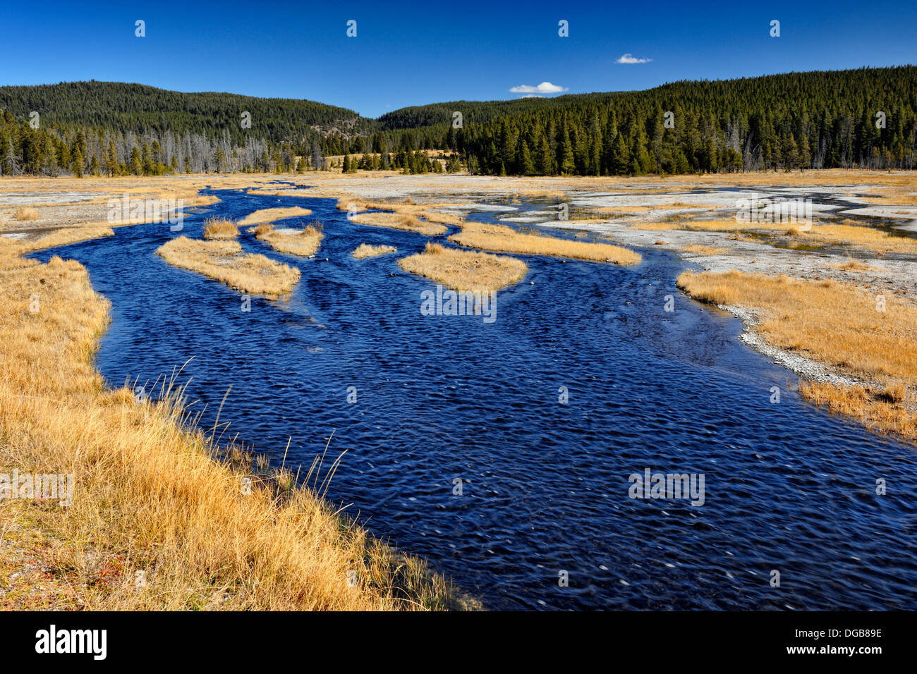 Lower Geyser Basin Firehole Lake drive a small creek in a grassy plain Yellowstone NP Wyoming USA Stock Photo