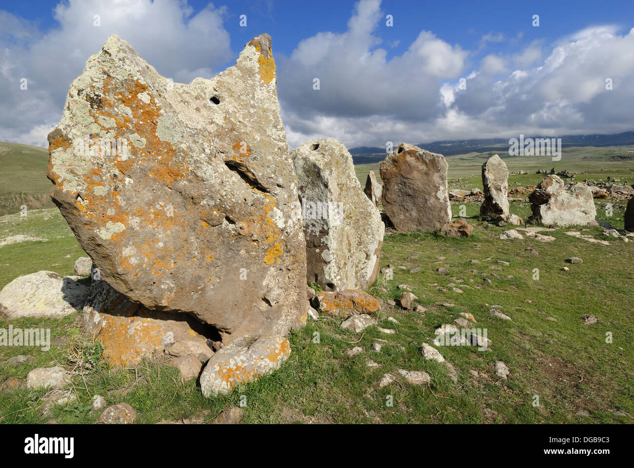 Zorats Karer, 6000 B.C. stoneage observatory, menhir of Karahunj, Cara Hunge, Armenia, Asia Stock Photo