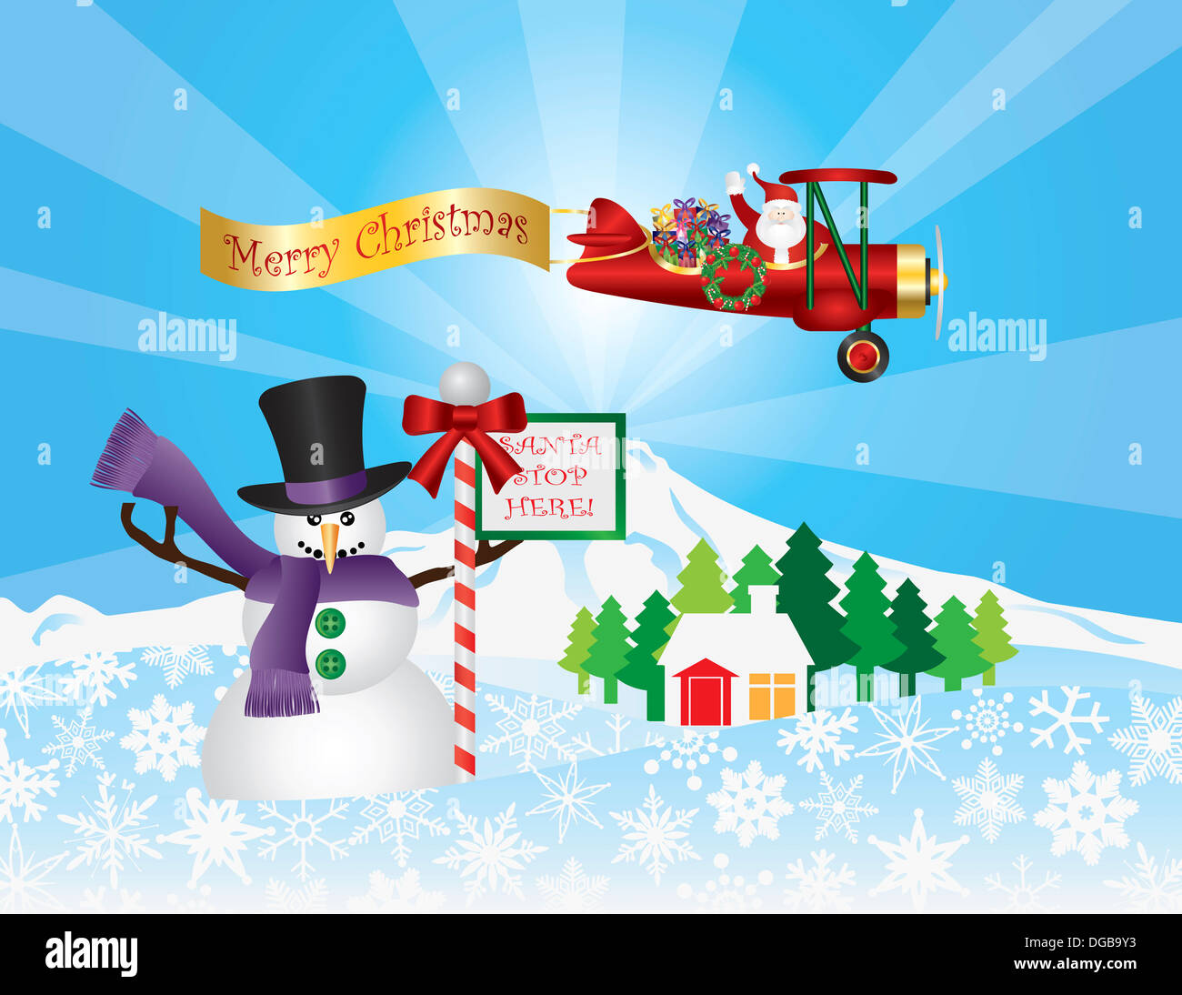 Santa Claus in Biplane Flying Over Winter Snow Scene with Snowman House Trees and Stop Sign