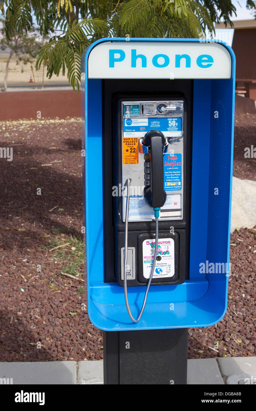 A blue American public telephone in California Stock Photo