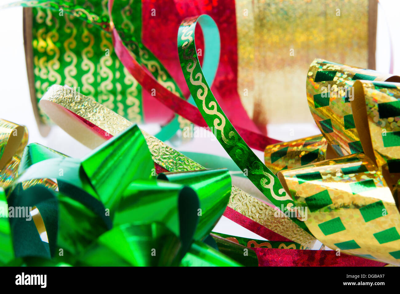 Green, gold and red ribbons and bows Stock Photo Alamy