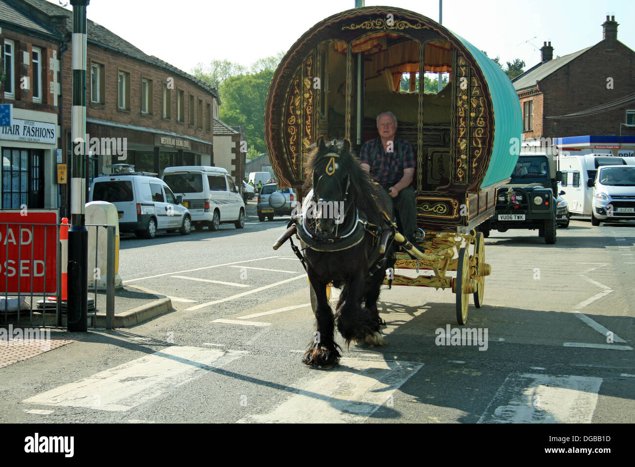 Traditional gypsy horse draw caravan on its way to Appleby Horse fair
