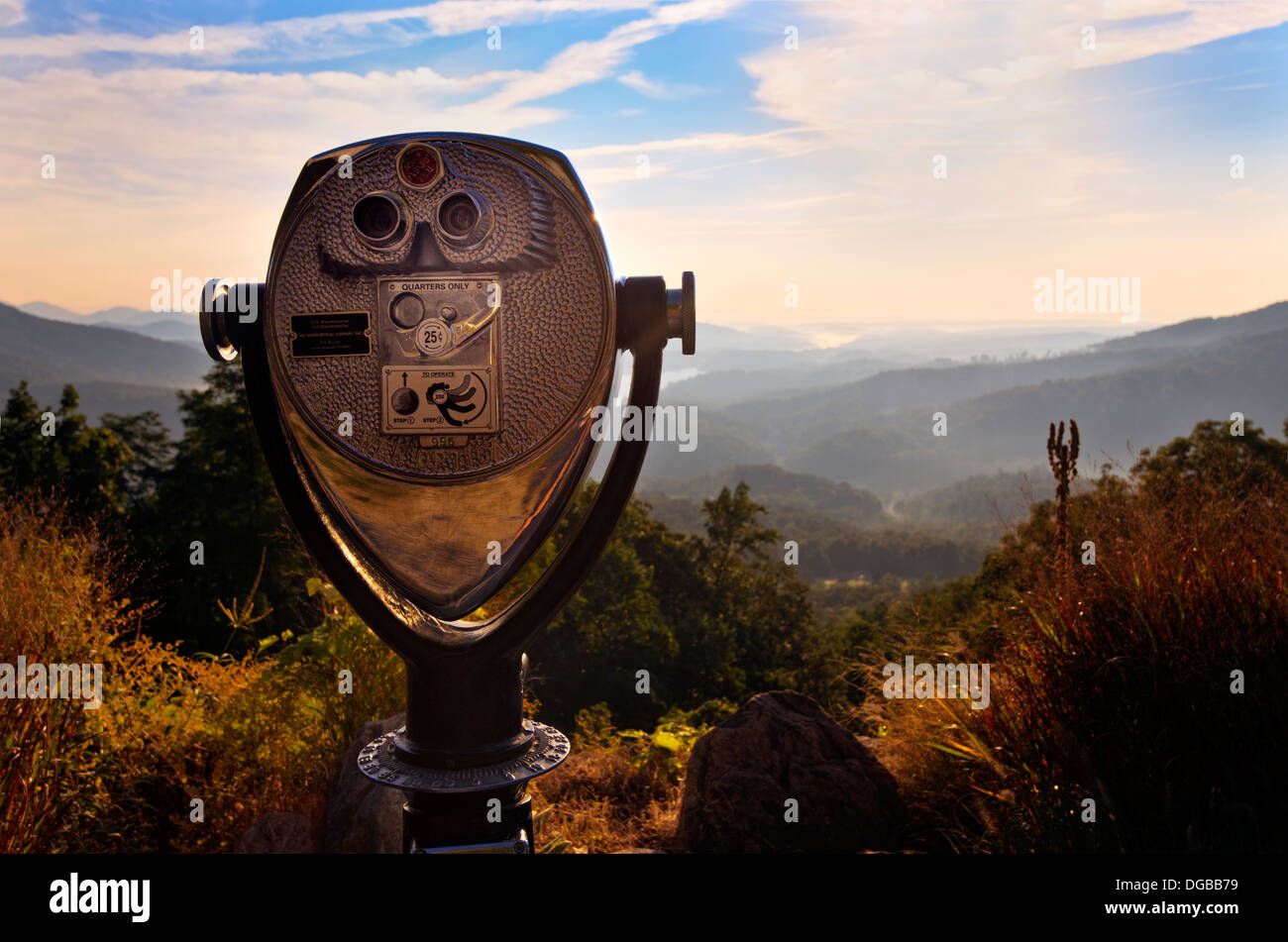 Coin operated binoculars at 'Chimney Rock' North Carolina overlooking Lake Lure Stock Photo