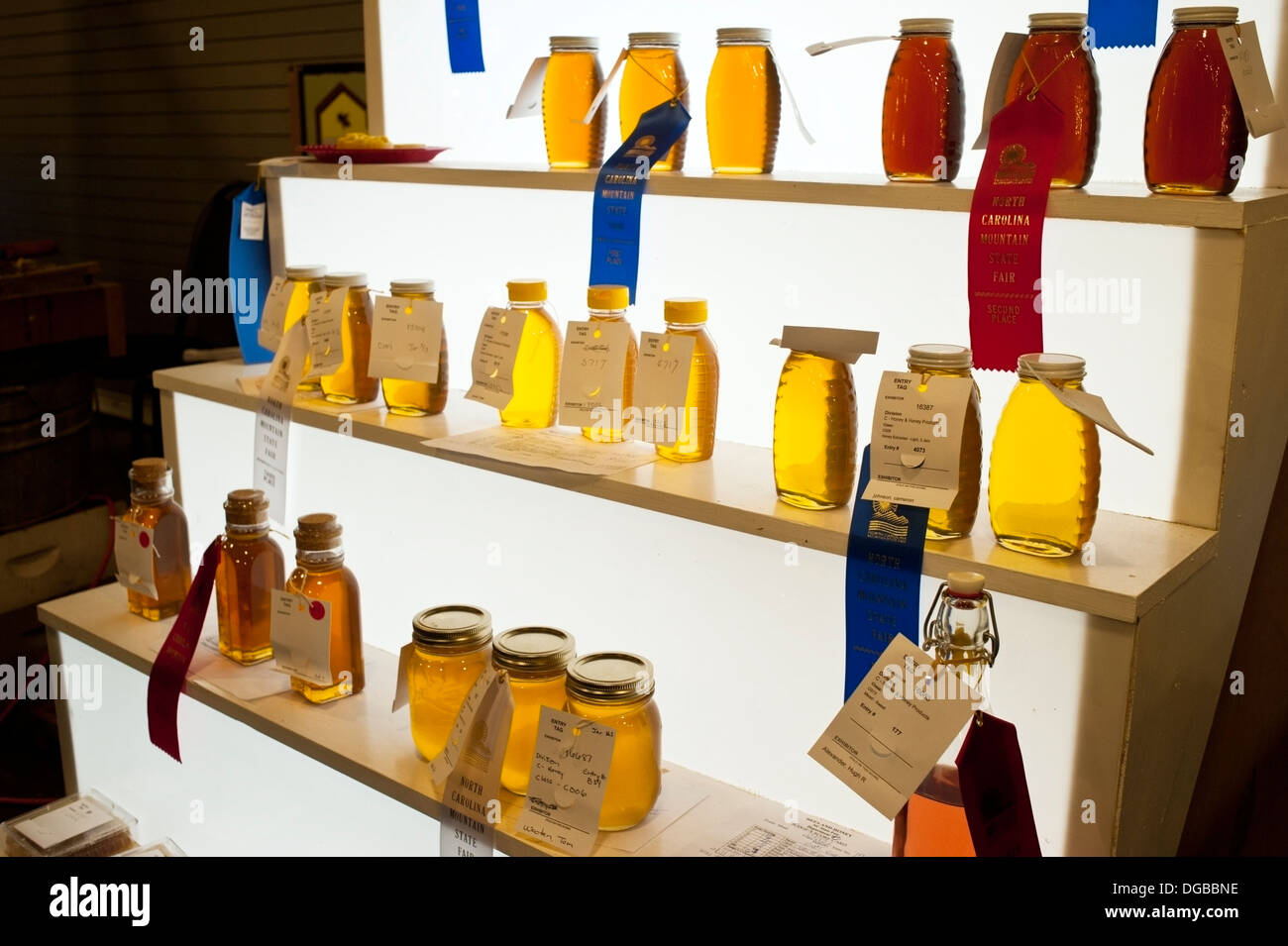 Award winning honey in jars at the Mountain state fair in Asheville, North Carolina Stock Photo