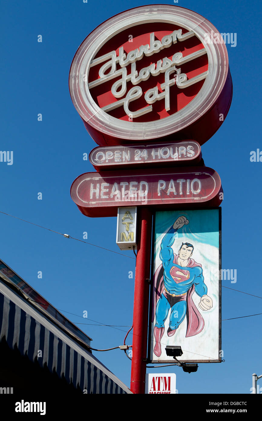 The Harbor House Caf Restaurant Sign On Pacific Coast Highway Sunset Beach California Usa Stock Photo Alamy