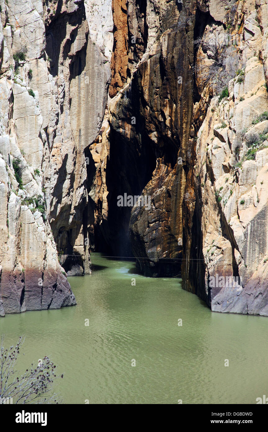 View of the gorge and small waterfall, Garganta del Chorro, El Chorro, Chorro Gorge, Malaga Province, Andalusia, Spain. Stock Photo