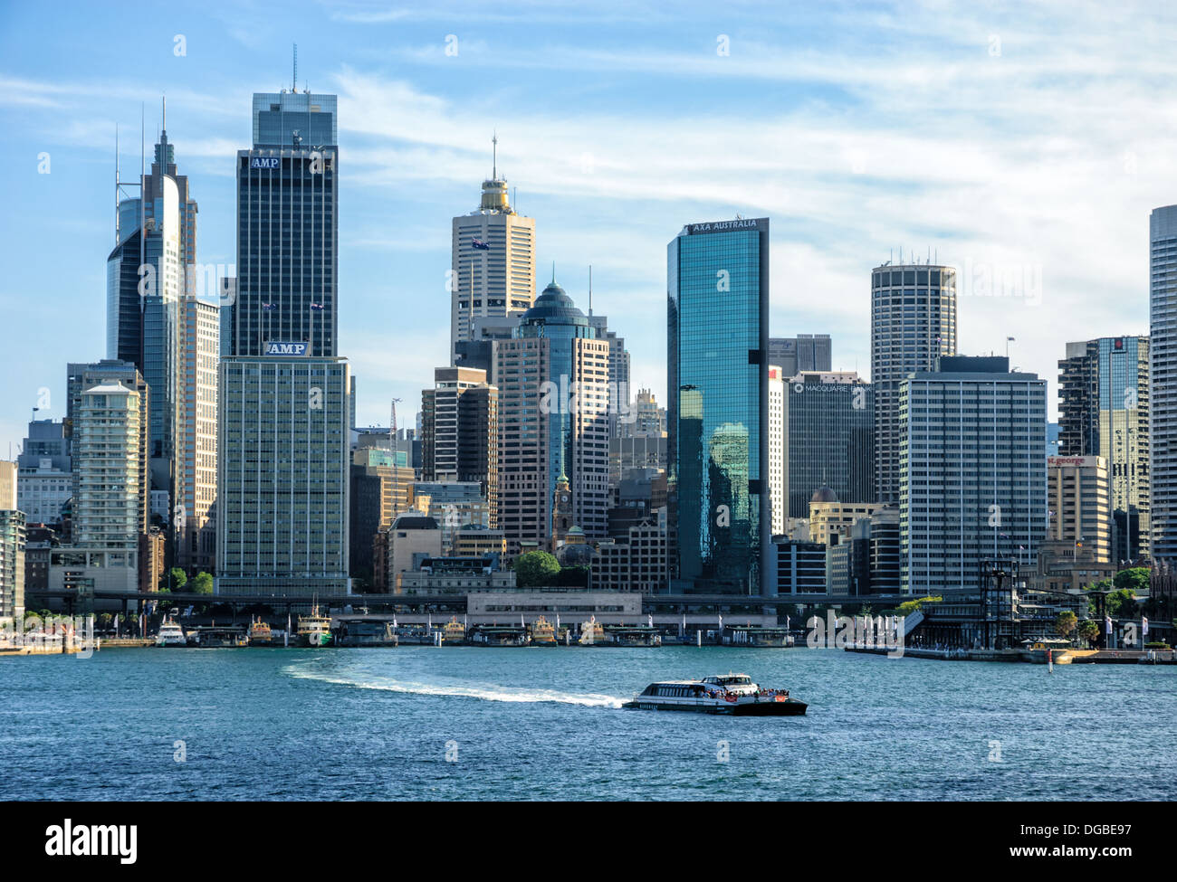 Circular Quay and Sydney Harbour with ferry and skyscrapers, Sydney, Australia. Stock Photo