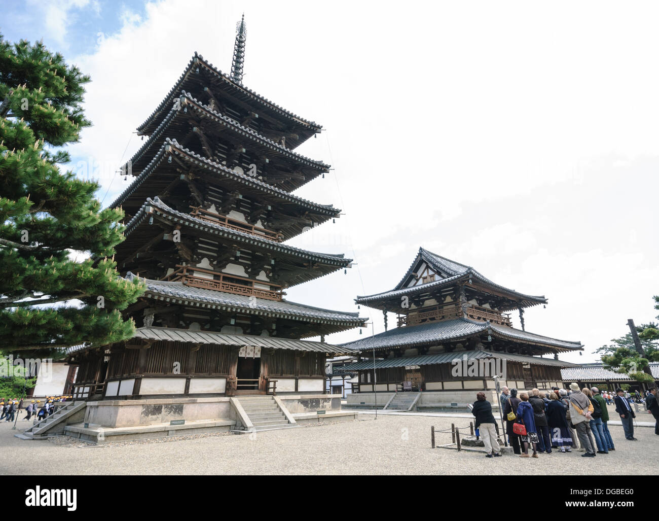 5 storey pagoda and kondo (main hall) of Horyu-ji (Horyuji) Buddhist temple, Nara, Japan Stock Photo