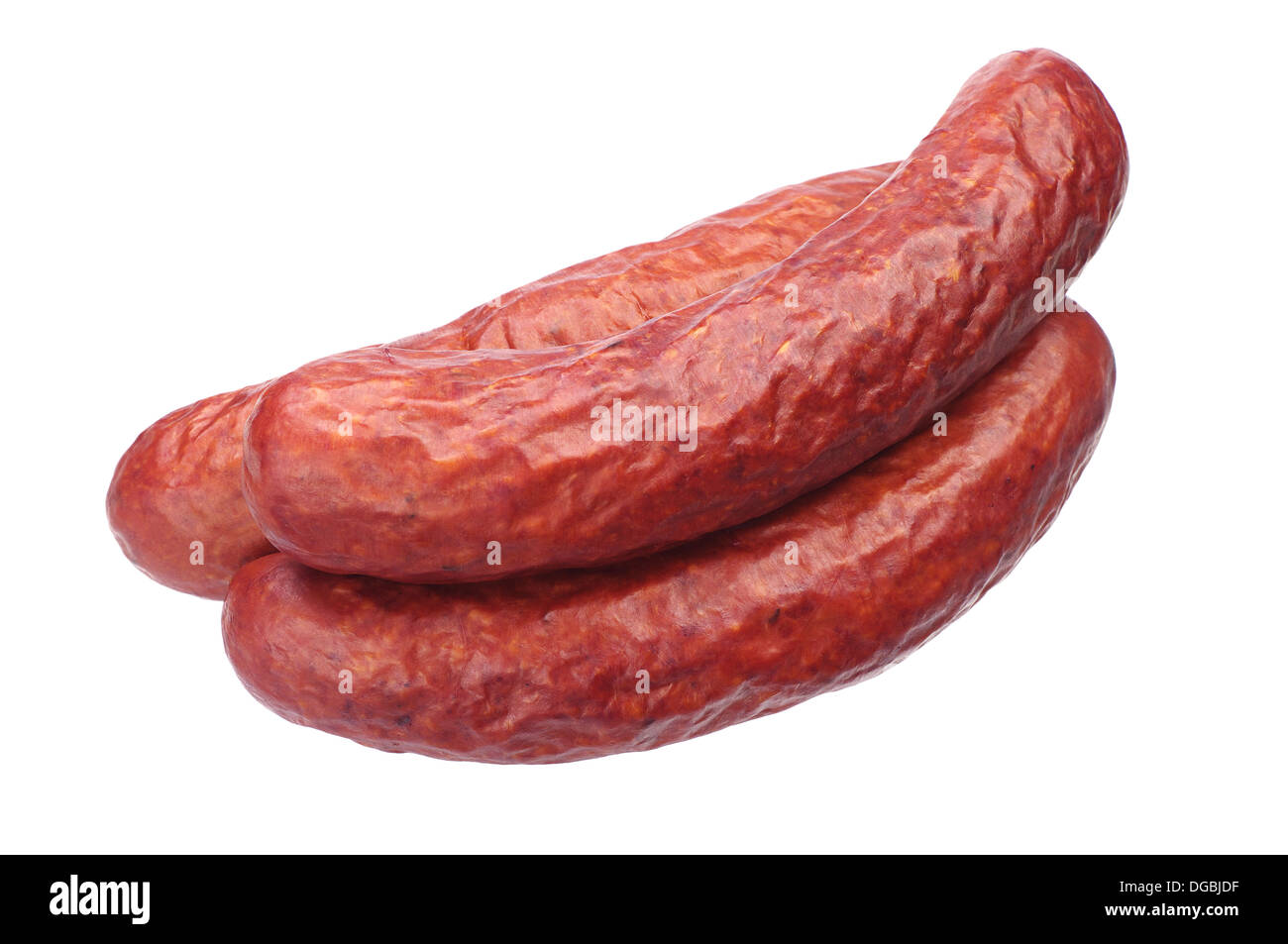 Smoked sausages isolated on white background Stock Photo
