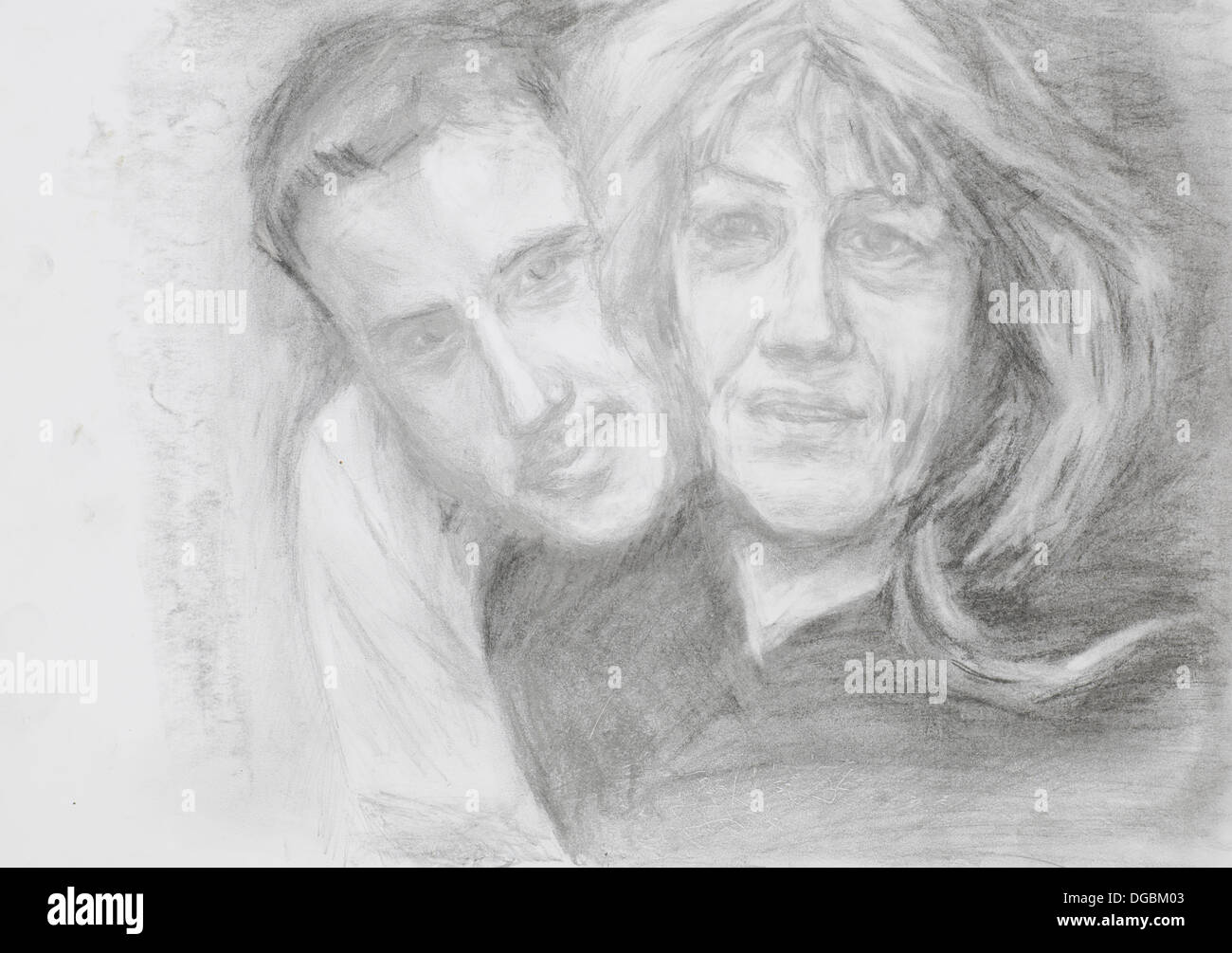Hand Drawn Pencil Illustration Of Family Portrait Mother And Son