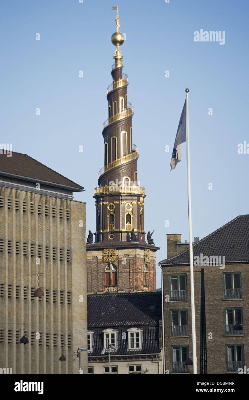 Spire of Vor Frelsers Kirke. Church of Our Saviour, Copenhagen, Denmark Stock Photo