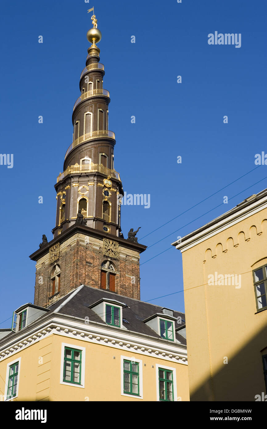 Spire of Vor Frelsers Kirke. Church of Our Saviour, Copenhagen, Denmark Stock Photo