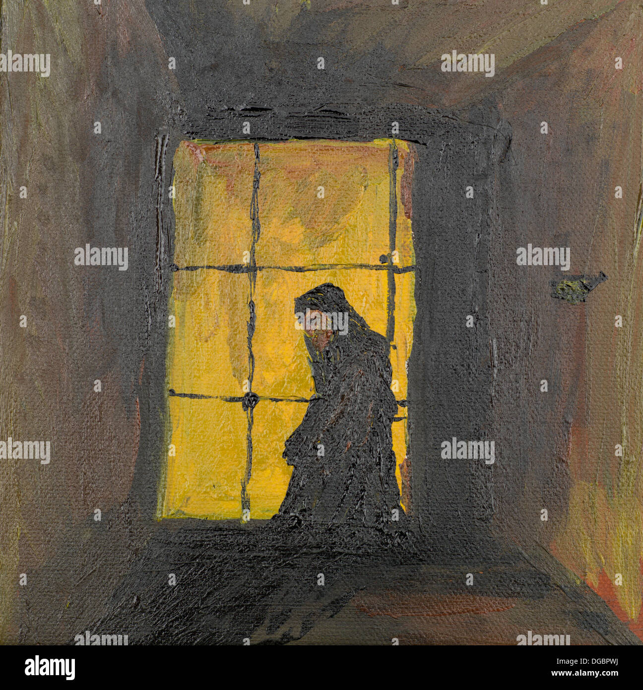 oil painting illustrating a praying monk inside a chamber Stock Photo