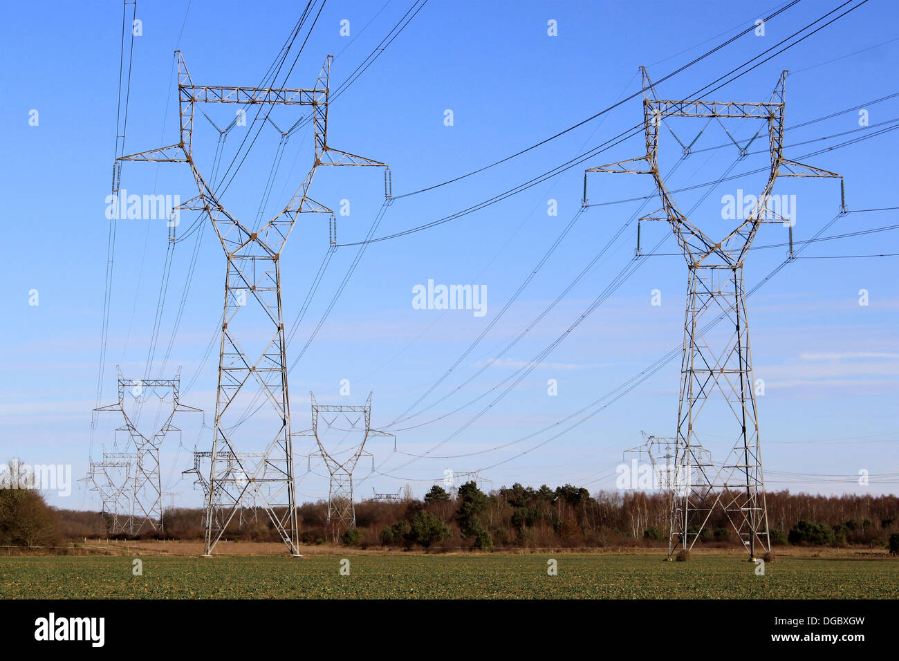 A row of electricity pylons in a field for a nuclear power Stock Photo