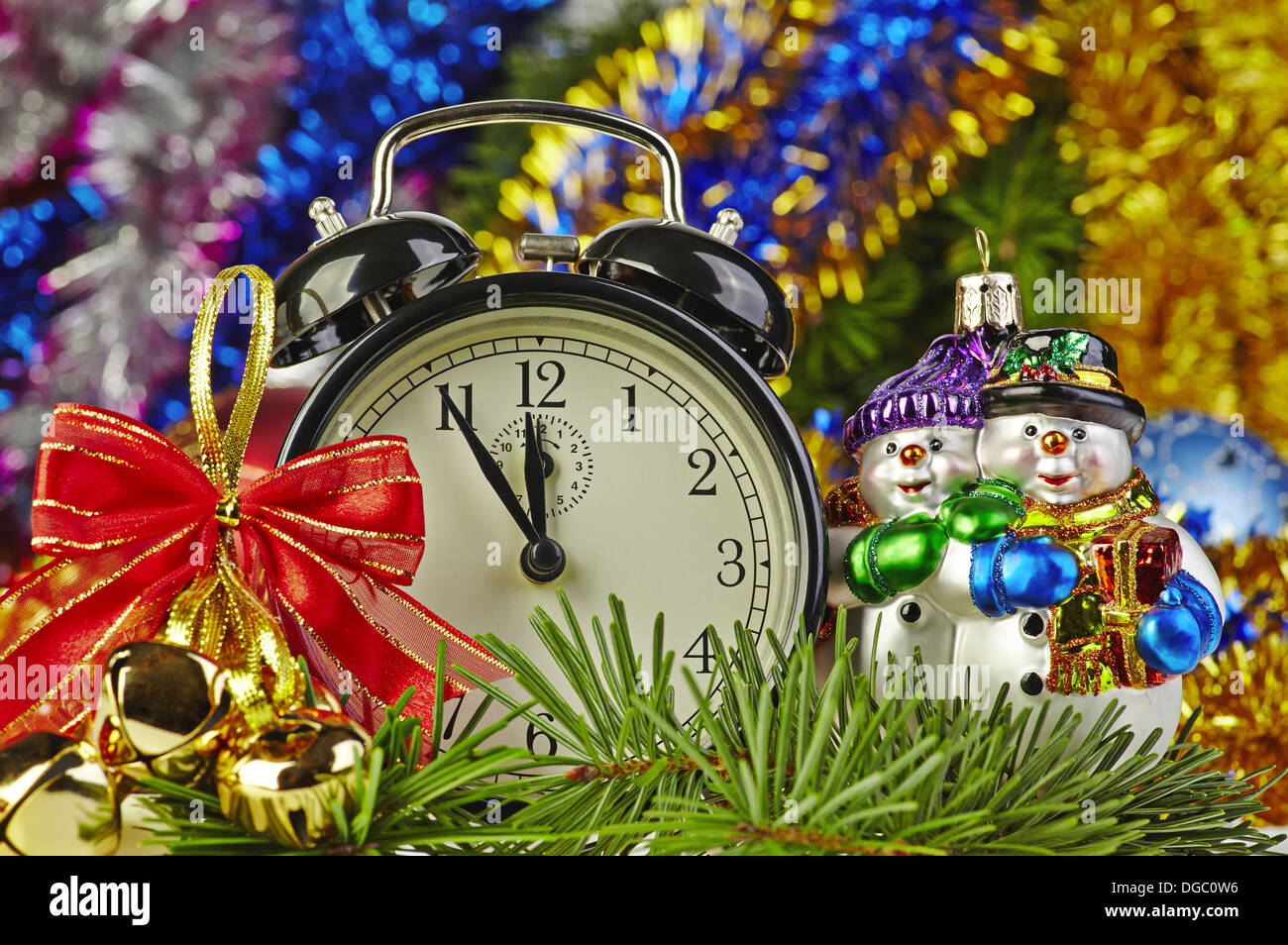 Christmas decoration and clock Stock Photo