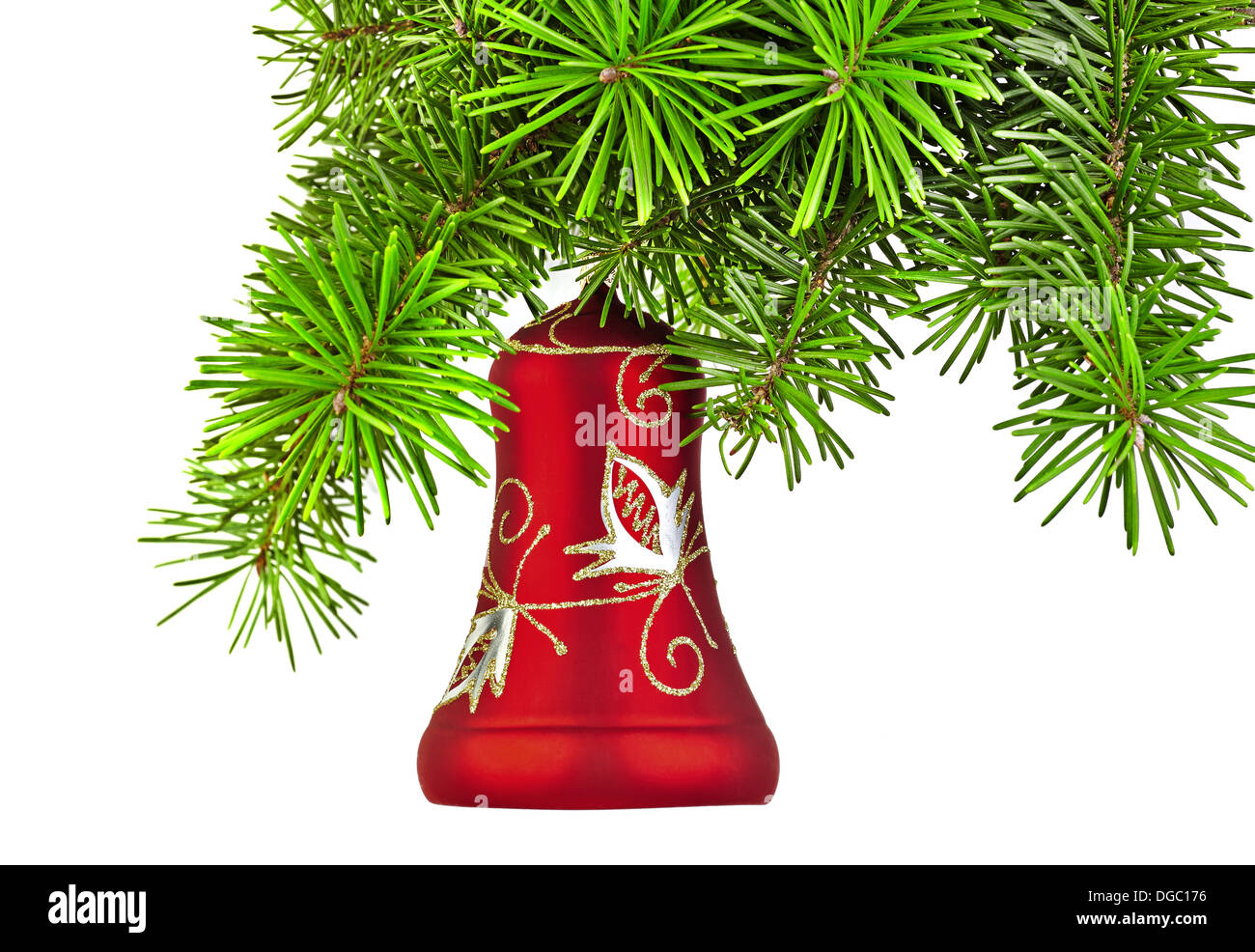 Christmas red bell on new year tree Stock Photo