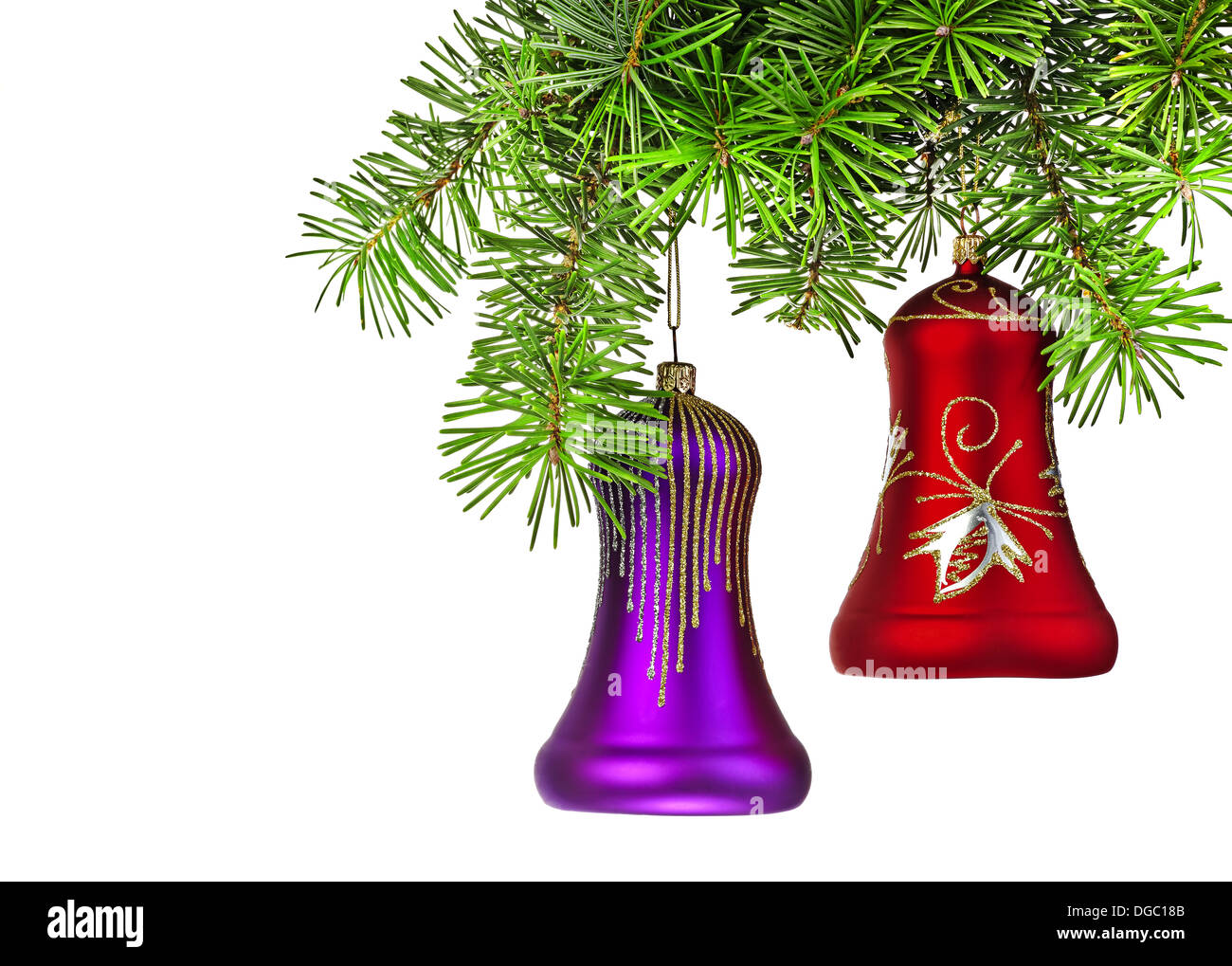 Christmas violet and red bells on new year tree Stock Photo