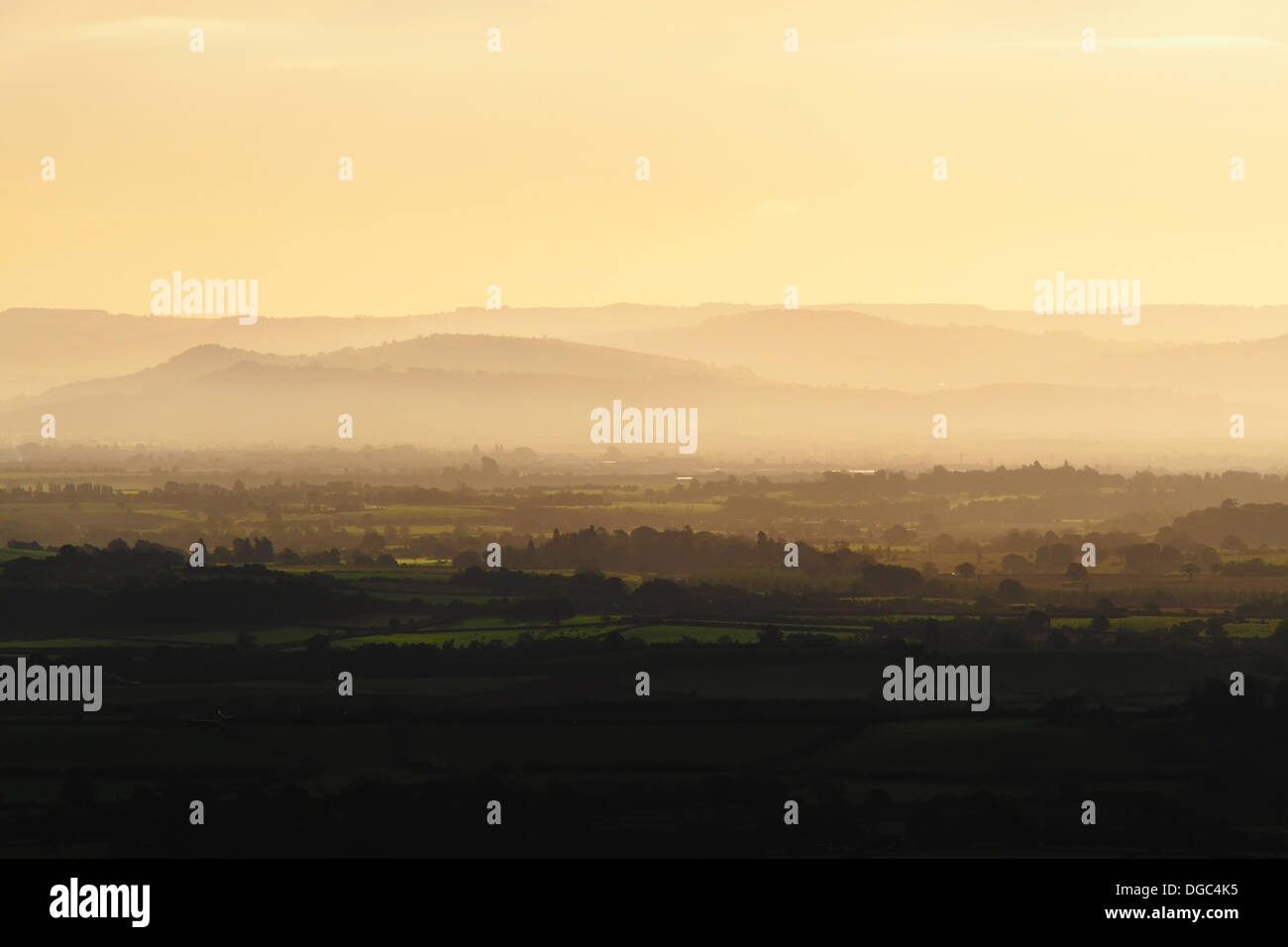 Misty morning. Cotswold hills of Gloucestershire seen from Malvern hills Stock Photo