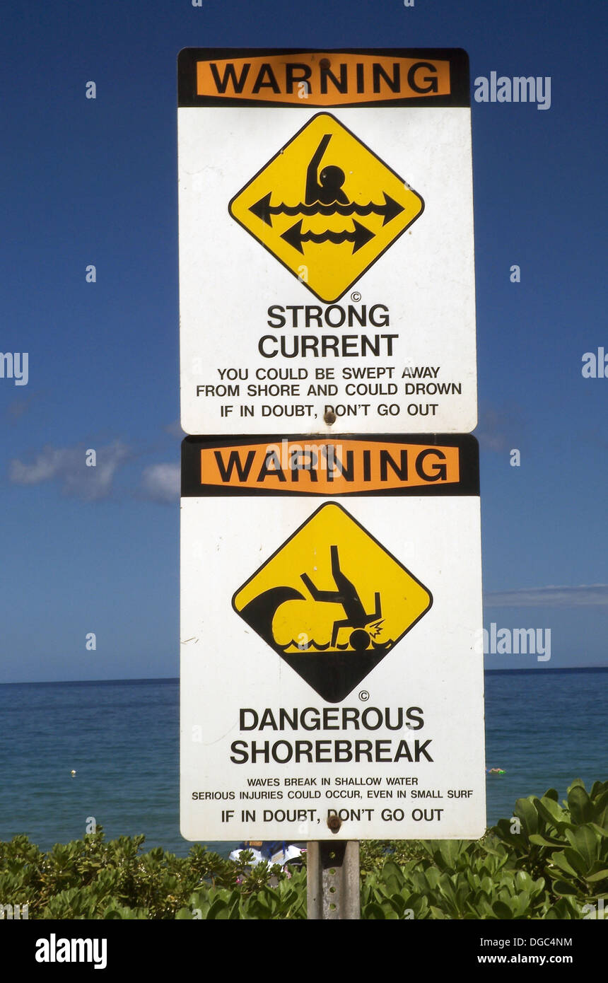 Surf warning signs, Hawaii Stock Photo Alamy