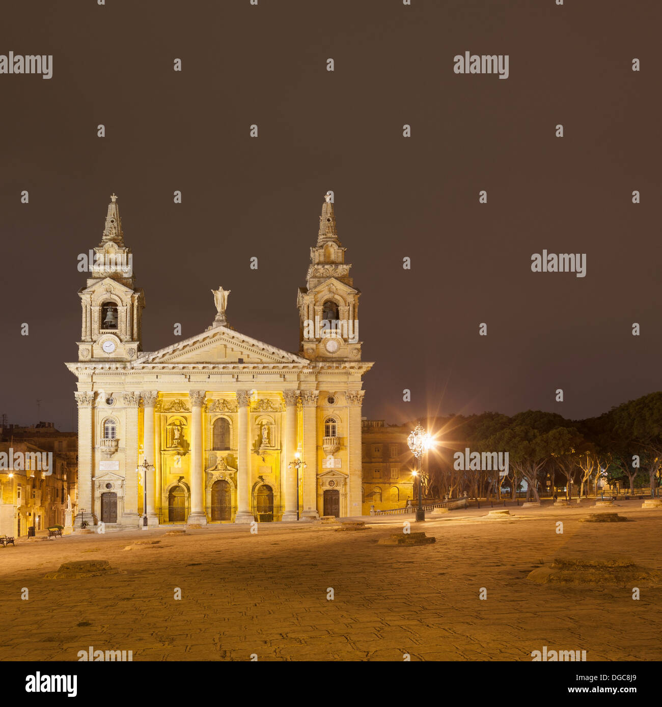Publius Church at night in Floriana, Valletta, Malta Stock Photo
