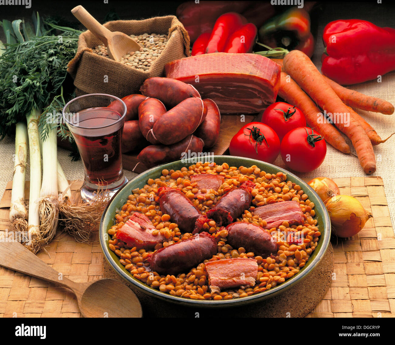 Lentils with pork sausage and bacon Stock Photo Alamy