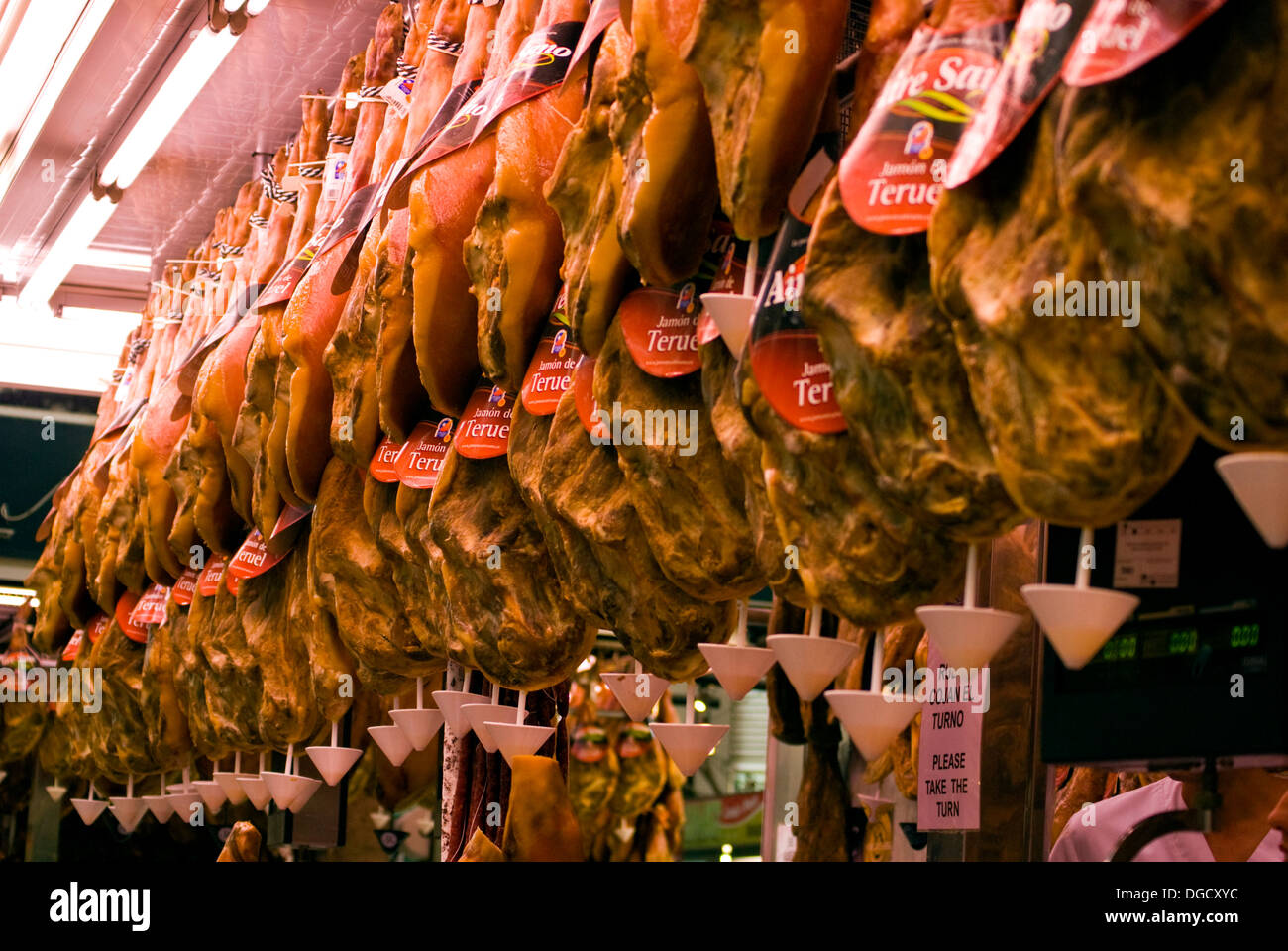 The Central Market located at the Plaza del Mercado, ham stall at Central Market Stock Photo