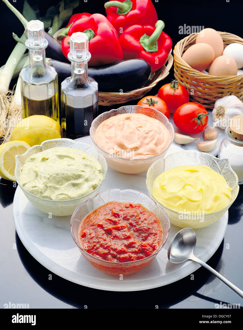 Sauces: tomato sauce, tartar sauce, mayonnaise and sauce Marie Rose Stock Photo
