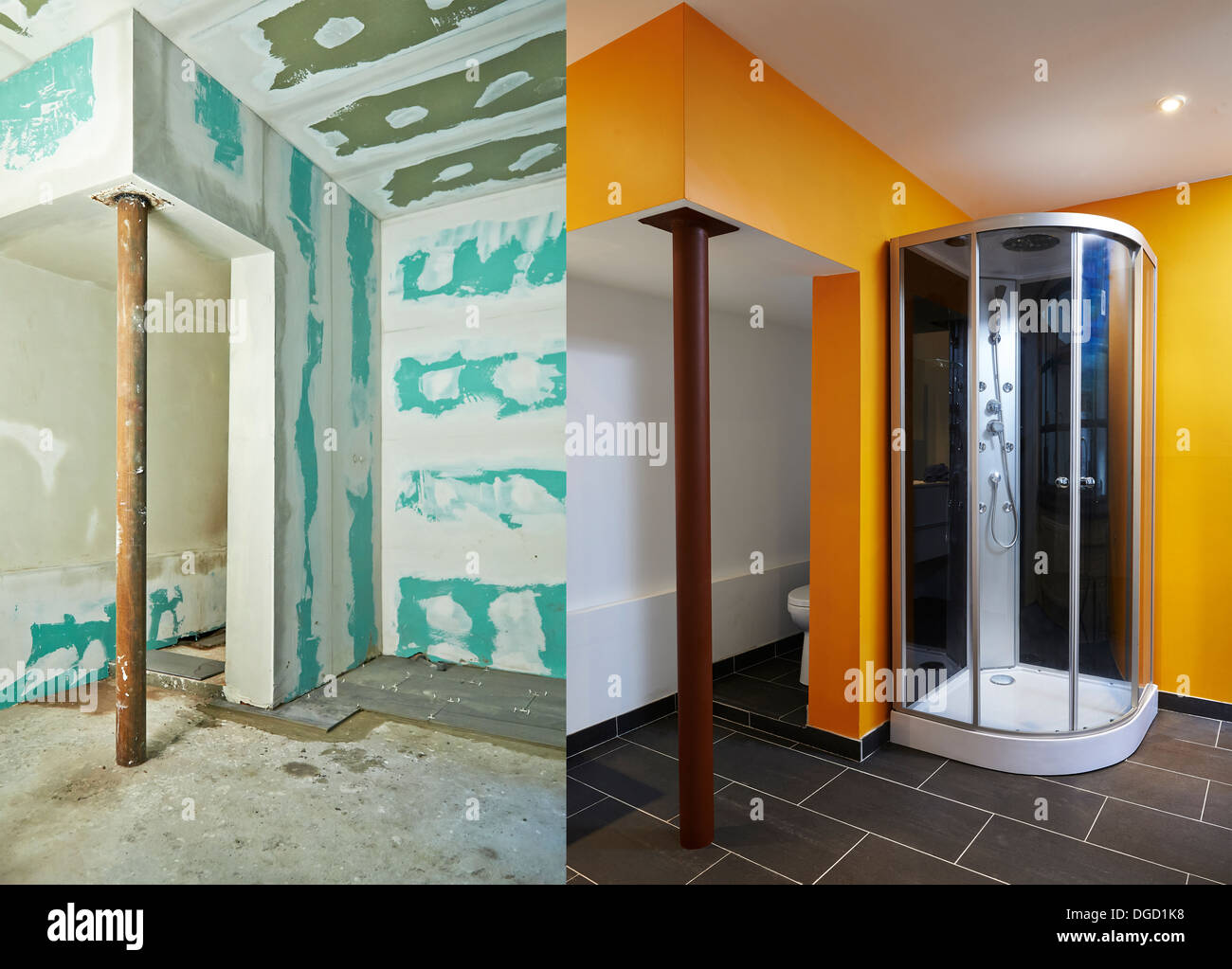 Construction of DrywallPlasterboard bathroom Before and after Stock