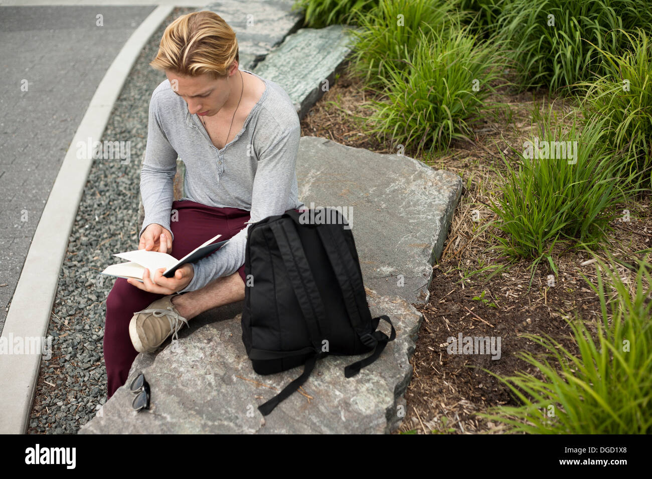 Young man studying text book in park Stock Photo