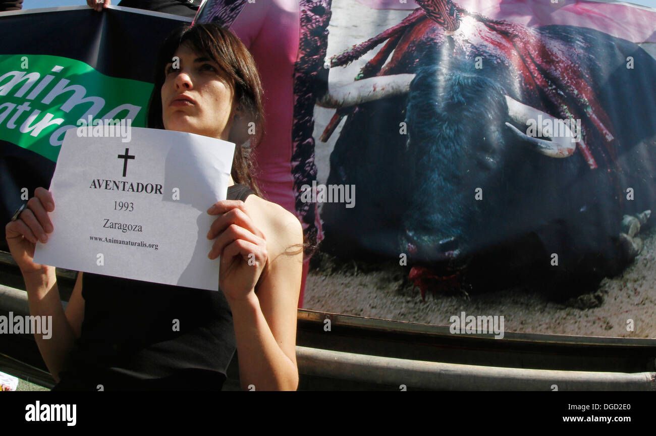 Activists against bullfights in Spain are seen during a demonstration in Palma de Mallorca. Stock Photo