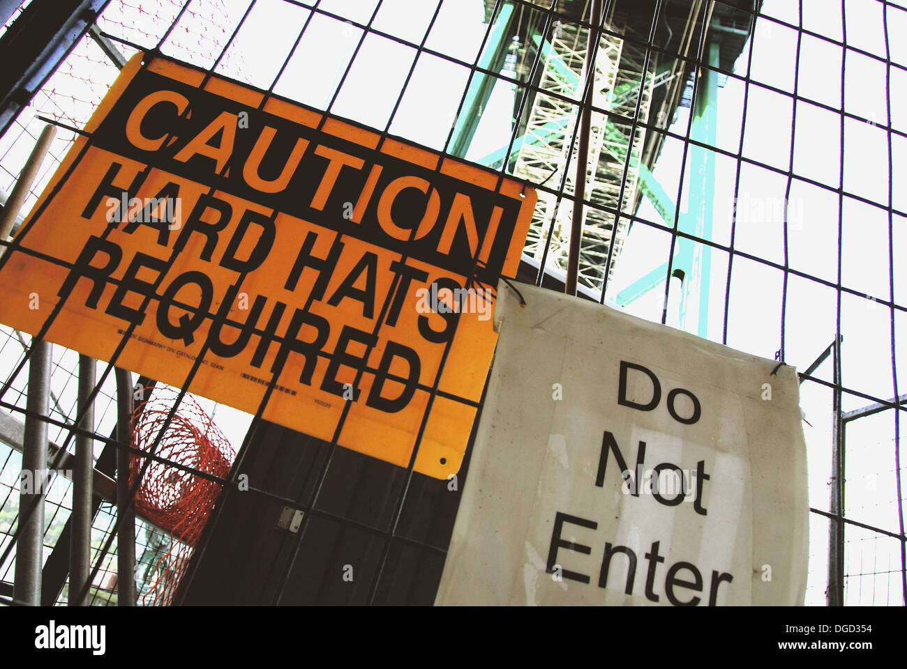 Caution Do Not Enter Signs On Fence At Bridge Construction Area 