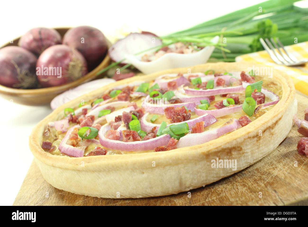 Onion tart with leeks on a light background Stock Photo Alamy