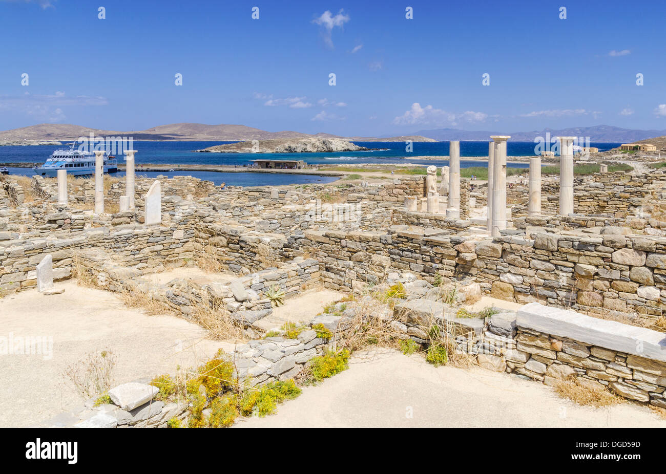 Views over the House of Cleopatra on Delos Island, Cyclades, Greece Stock Photo