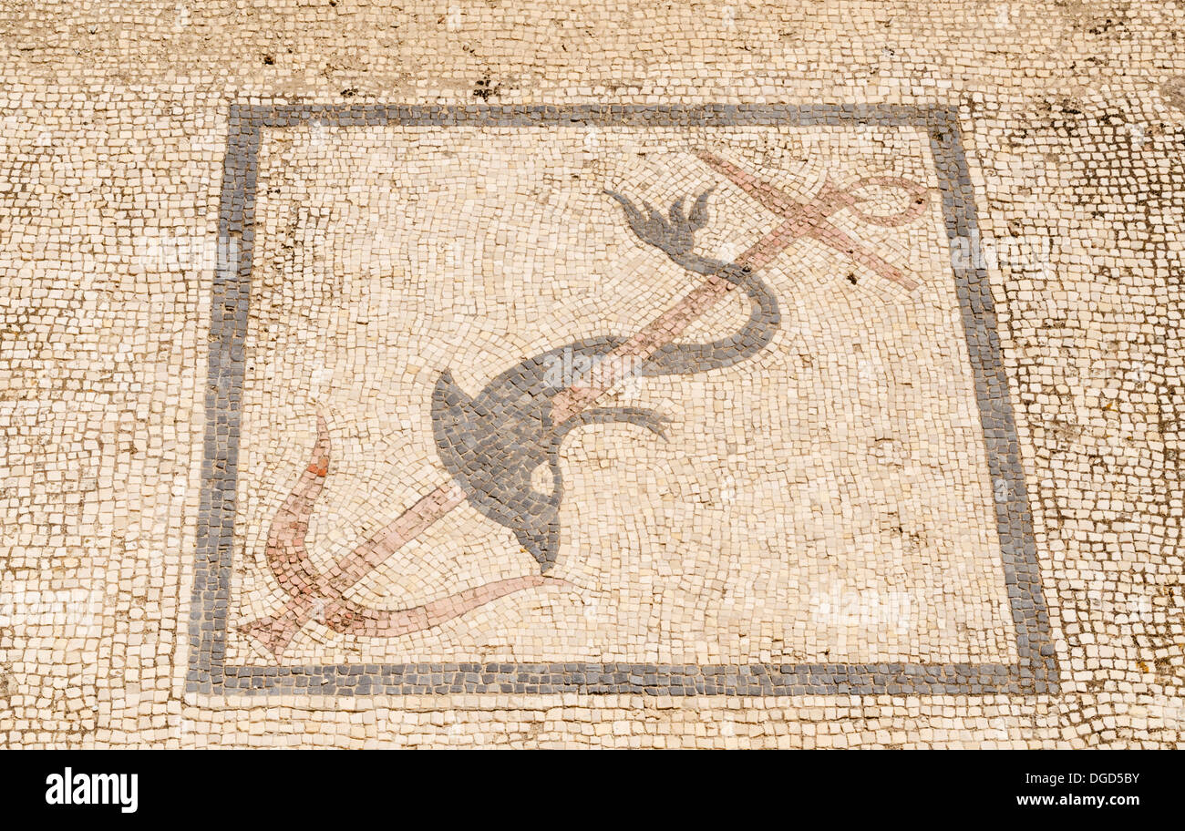 Mosaic of Dolphin swimming around a anchor in the House of the Trident