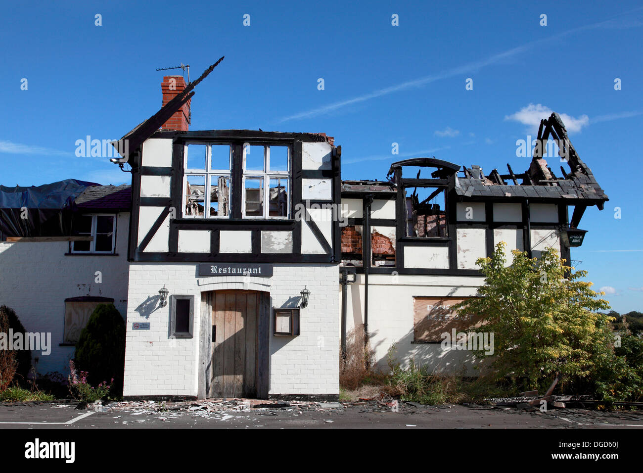 The Dymock Arms in Penley near Wrexham which was gutted by a fire set by arsonists Stock Photo