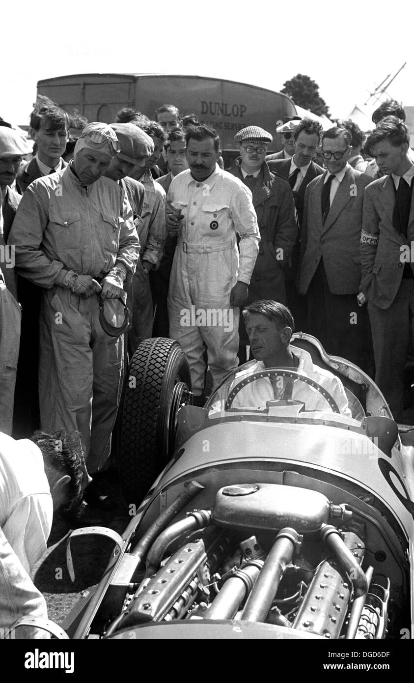 Mechanic Ken Richardson warms-up the BRM V16 public debut driver Raymond Sommer, International Trophy, Silverstone England 1950. Stock Photo