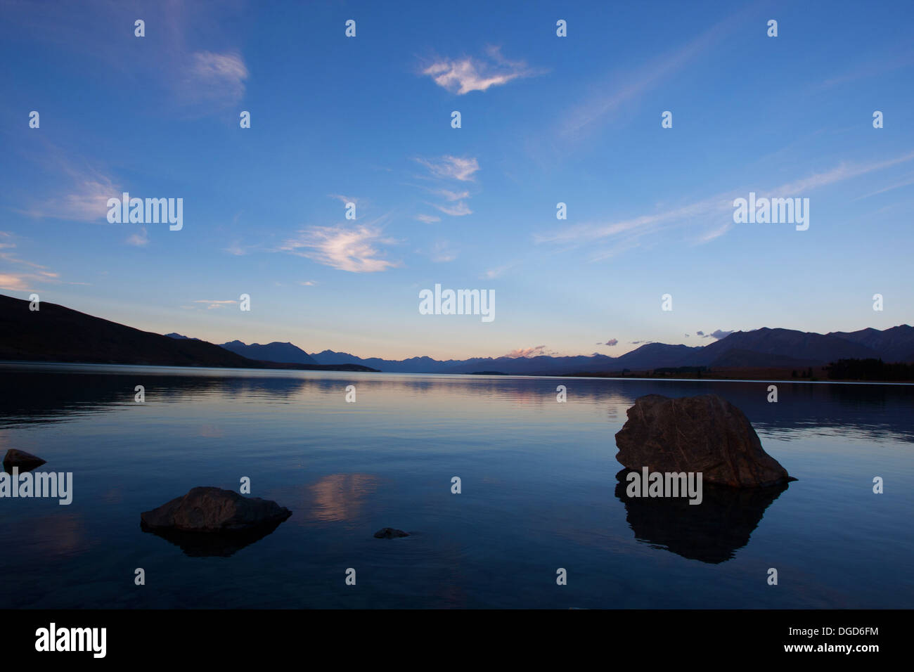 View over Lake Tekapo, South Island New Zealand at sunset Stock Photo ...