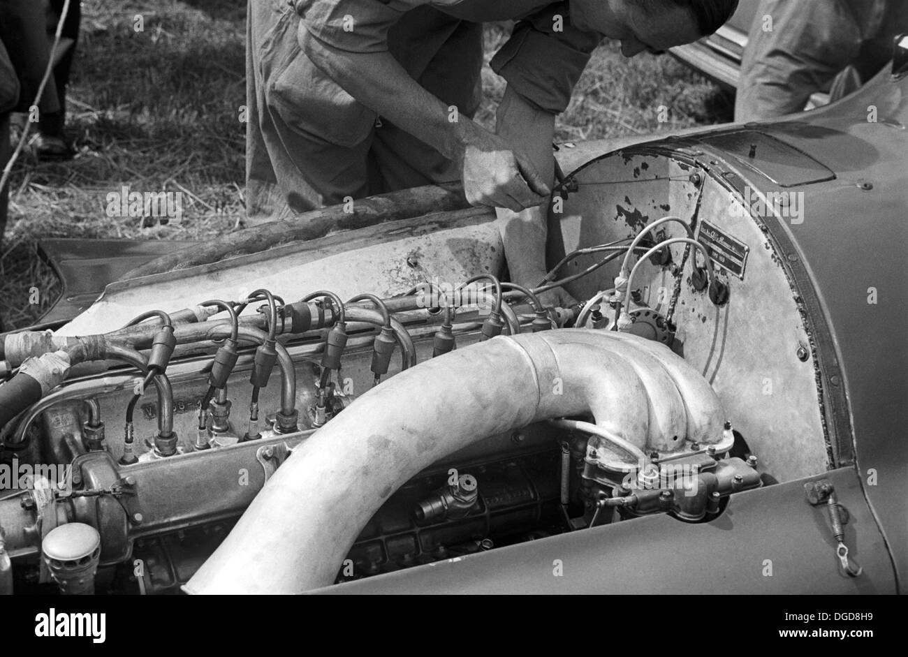 Alfa Romeo Alfetta engine - with the 'elephant trunk' supercharger. British Grand Prix Silverstone, England, 14th July 1951. Stock Photo