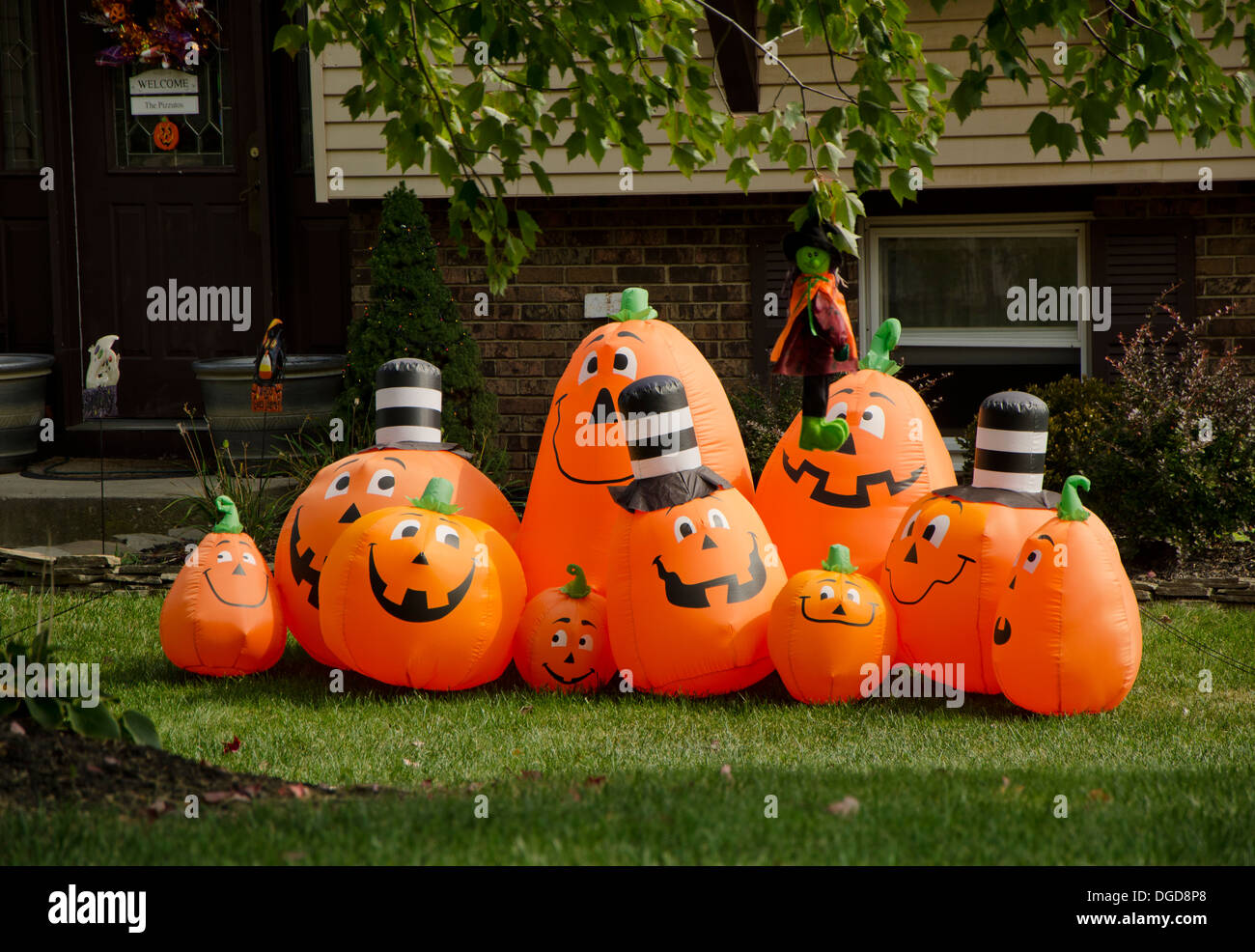 Inflatable pumpkins decorating the front garden during halloween. Easton Pa. USA Stock Photo