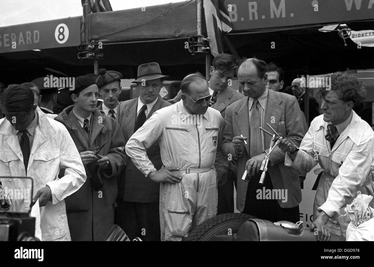 BRM V16 team, Ken Richardson, Arthur Ambrose, Reg Parnell, Raymond Mays. British Grand Prix, Silverstone England 14th July 1951. Stock Photo