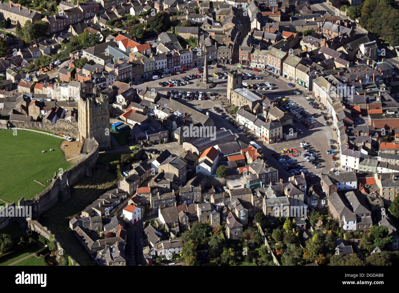 aerial view of Richmond town in North Yorkshire, including the market square and the Castle Stock Photo