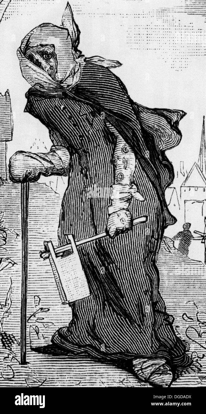 LEPROSY 19th century illustration showing the sufferer with his warning rattle Stock Photo